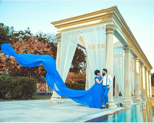 G300, Royal Blue prewedding top lace work georgette long trail Gown, Size: All, Color: All