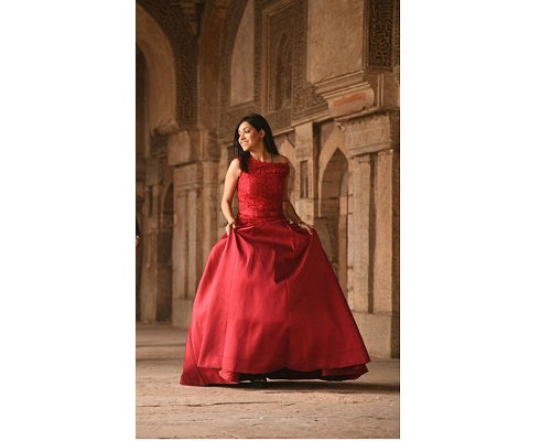 G801, Wine Satin Off Shoulder Lace Trail Ball Gown, Size (XS-30 to XL-40)