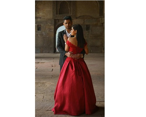 G801, Wine Satin Off Shoulder Lace Trail Ball Gown, Size (XS-30 to XL-40)