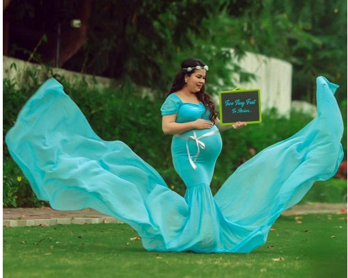 G243,Light Blue Maternity Shoot Baby Shower Trail Lycra Body Fit Gown, Size: All,Color: All