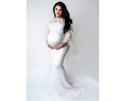 G308, White Os Full Sleeves Maternity Shoot Trail Baby Shower Gown, Size: All, Color: All