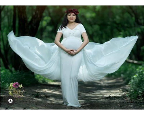 G152, White Maternity Shoot Trail Baby Shower Lycra Body Fit Gown, Size: All, Color: All