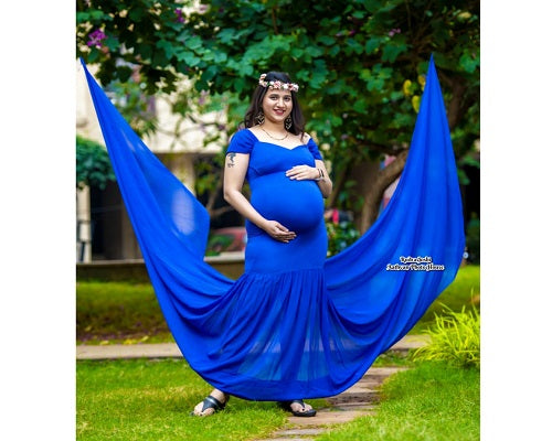 G344, Blue Maternity Shoot Baby Shower Trail Lycra Body Fit Gown, Size: All, Color: All