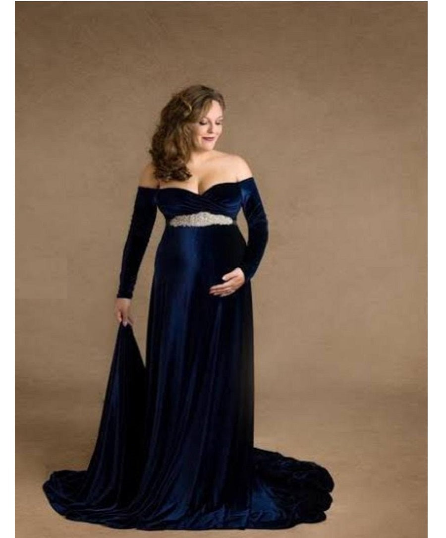 G14, Navy Blue Velvet Maternity Shoot Baby Shower Trail Lycra Body Fit Gown, Size: All, Color: All