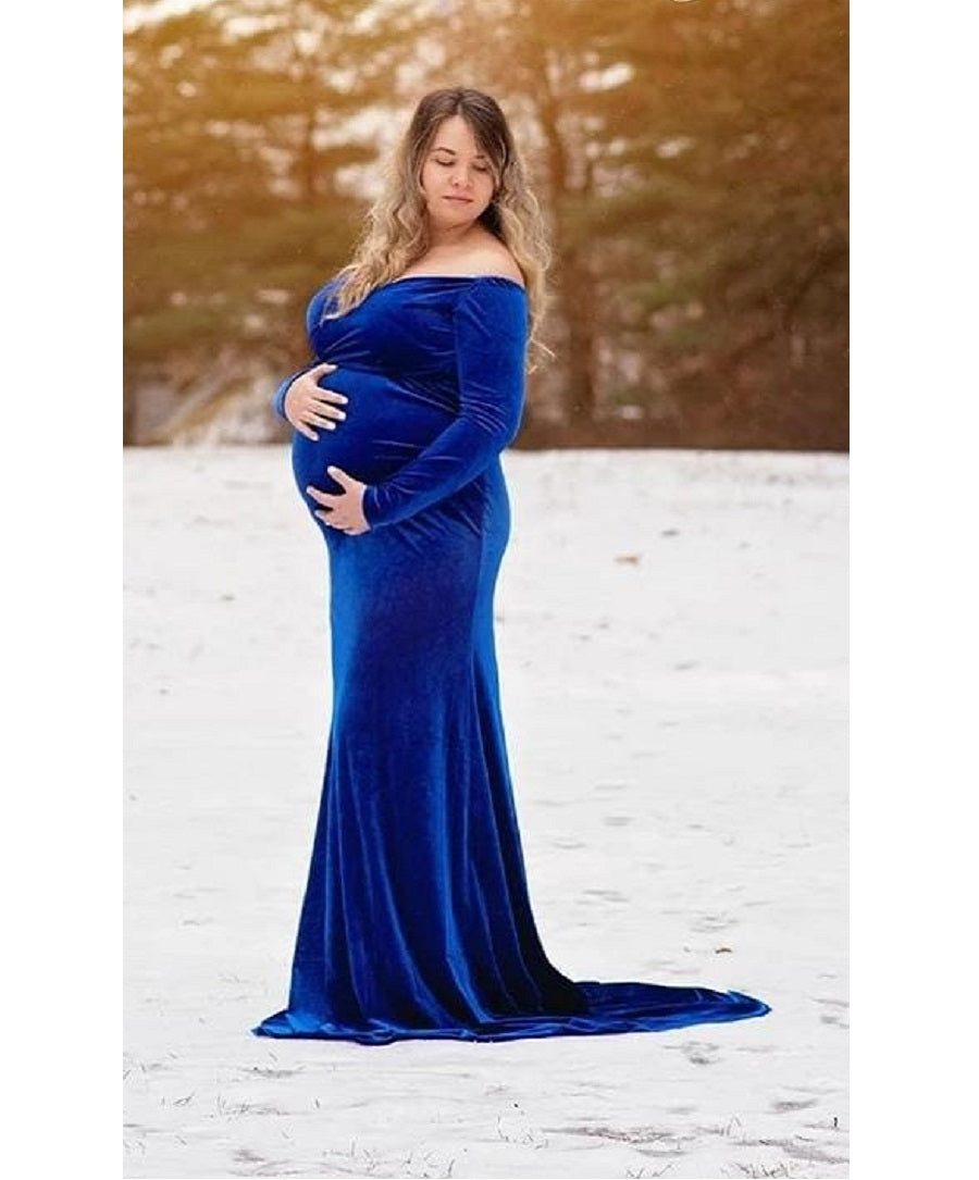 G14, Navy Blue Velvet Maternity Shoot Baby Shower Trail Lycra Body Fit Gown, Size: All, Color: All