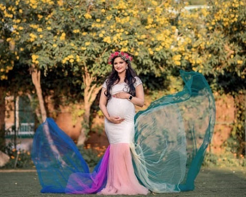 G249, White Top With Botem Layered Malti Colour Maternity Shoot Trail Lycra Body Fit Gown, Size: All, Color: All