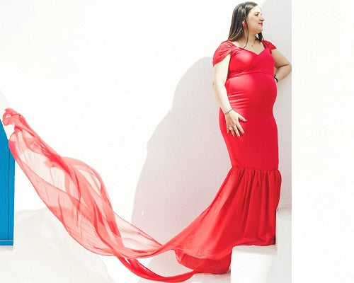 G215, Red Maternity Shoot Trail Baby Shower  Lycra Fit Gown, Size: All, Color: All