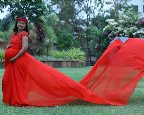 Saslax Off Shoulder Ruffle Sleeve Fitted Maxi Maternity Dress Photoshoot,  Red, S | eBay