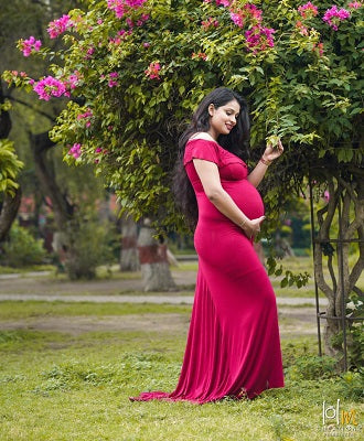 G42,  Long Off Shoulder Wine Maternity shoot Baby Shower Lycra Body Fit Gown, Size: All, Color: All