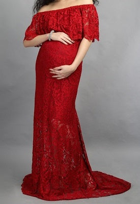 G408,  Wine Lace Os Maternity Shoot Trail Baby Shower Lycra Body Fit Gown, Size: All, Color: All