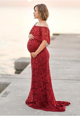 G408,  Wine Lace Os Maternity Shoot Trail Baby Shower Lycra Body Fit Gown, Size: All, Color: All