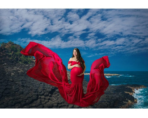 G215,Red Maternity Shoot Trail Baby Shower Lycra Body Fit Gown, Size: All, Color: All