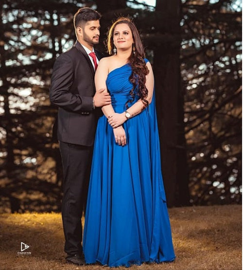 G275, Blue One Shoulder Prewedding Flair Gown, Size: All, Color: All