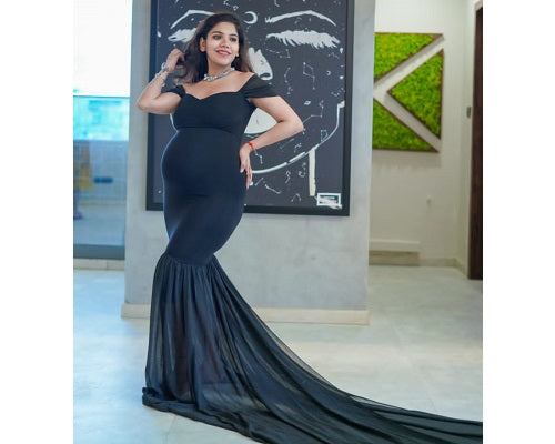 G220, Black Maternity Shoot Trail Baby Shower  Lycra Fit Gown, Size: All, Color: All