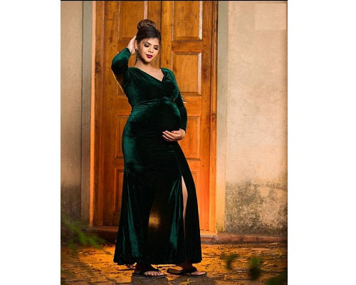 G381, Green Velvet Lycra Slitcut Maternity shoot Gown, Size: All, Color: All