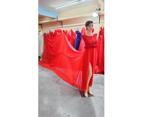 G601, Red Long Slit Cut Trail Prewedding Shoot Gown Size: All, Color: All