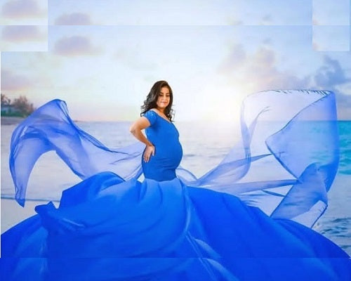 G344, Blue Maternity Shoot Baby Shower Trail Lycra Body Fit Gown, Size: All, Color: All