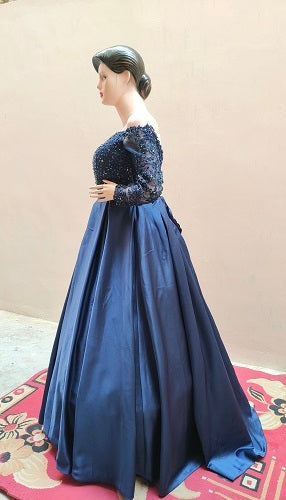 Navy Lace Applique Off Shoulder Ball Gown Princess Prom Dresses ,PD001 –  AlineBridal