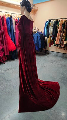 G341, Wine Velvet Lycra maternity shoot Trail Gown, Size: All, Color: All