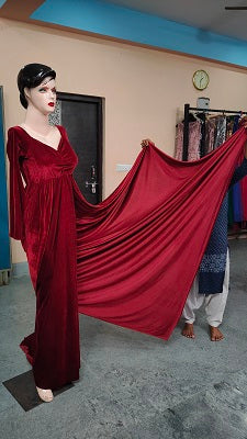 G341, Wine Velvet Lycra maternity shoot Trail Gown, Size: All, Color: All