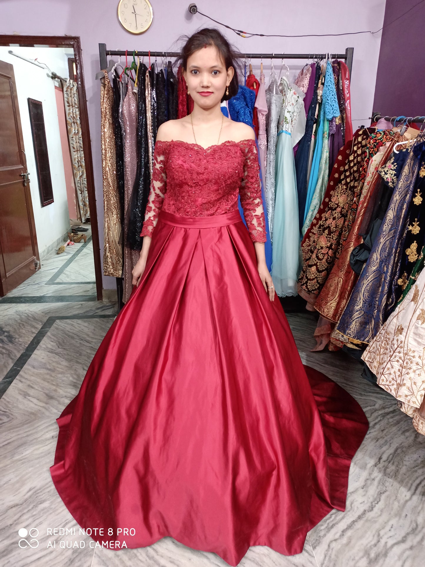 G133, Wine colour Satin Full Sleeves Trail Ball gown, Size: All, Color: All