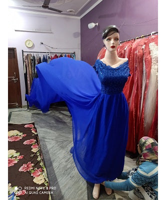 G300, Royal Blue maternity top lace work georgette long trail Gown, Size: All, Color: All