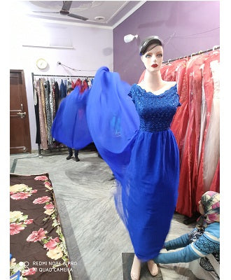 G300, Royal Blue prewedding top lace work georgette long trail Gown, Size: All, Color: All