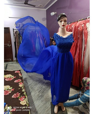 G300, Royal Blue prewedding top lace work georgette long trail Gown, Size: All, Color: All