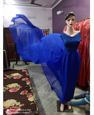 G300, Royal Blue prewedding top lace work georgette long trail Gown, Size: All, Color: All
