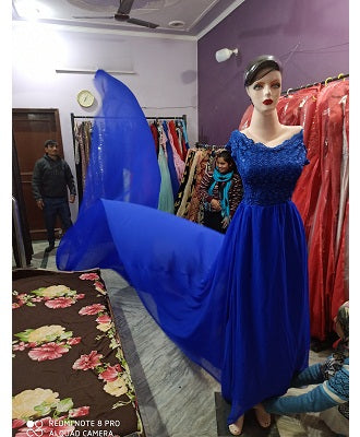 G300, Royal Blue maternity top lace work georgette long trail Gown, Size: All, Color: All