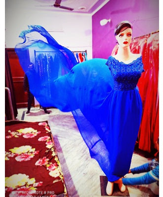 G300, Royal Blue prewedding top lace work georgette long trail Gown, Size: All, Color: All
