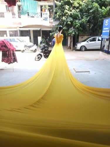 G378, Yellow prewedding Shoot Long Trail Gown, Size: All, Color: All