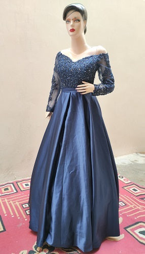 Dark Blue Beaded Long Prom Dresses Off the Shoulder Princess Dress FD1 –  Viniodress