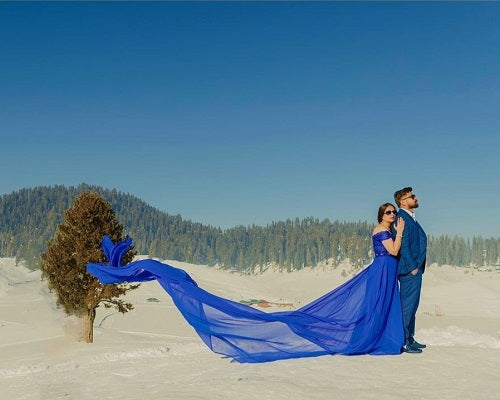 G300, Royal Blue prewedding top lace work georgette long trail Gown, Size: All, Color: All