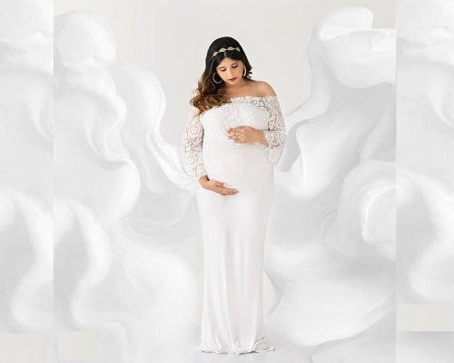 G308, White Os Full Sleeves Maternity Shoot Trail Baby Shower Gown, Size: All, Color: All