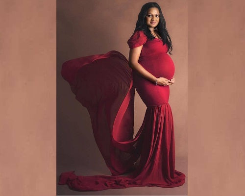 G231,Wine Red Maternity Shoot Baby Shower Trail Lycra Body Fit Gown, Size: All, Color: All