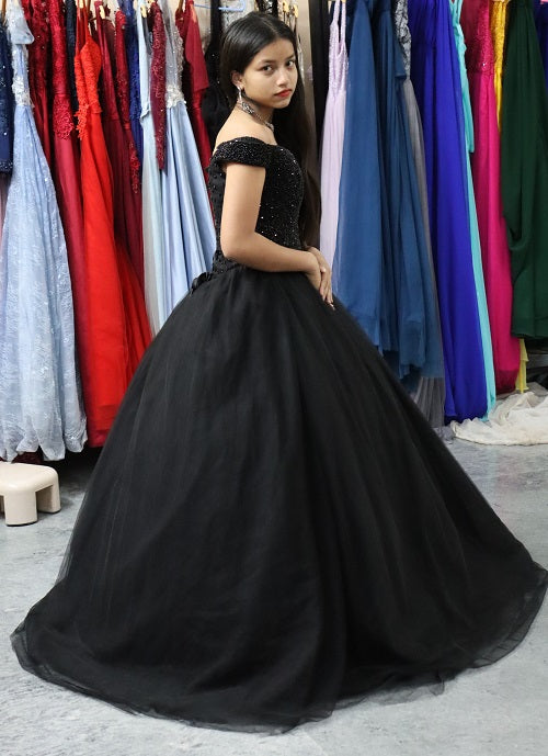 G746, Black Luxury Semi Off Shoulder Ball Gown, Size (XS-30 to XL-35)