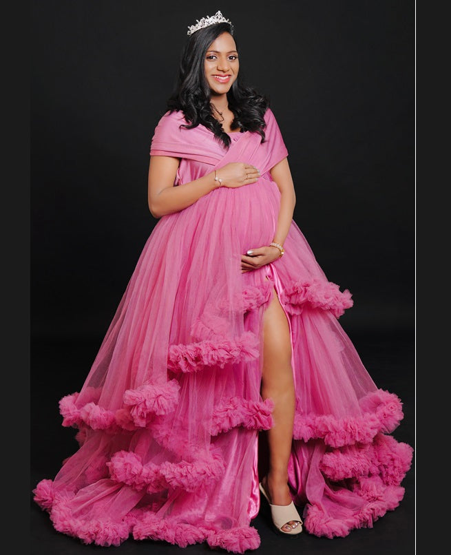 G1082, pink Ruffled Maternity Shoot Trail Gown, Size(All)