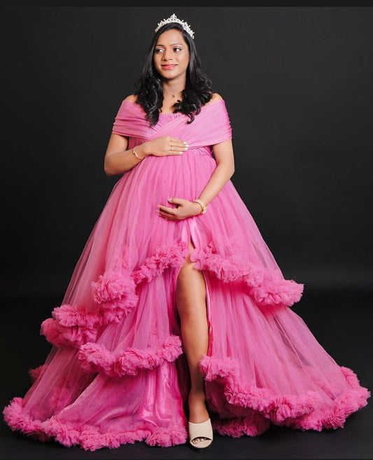 G1082, pink Ruffled Maternity Shoot Trail Gown, Size(All)