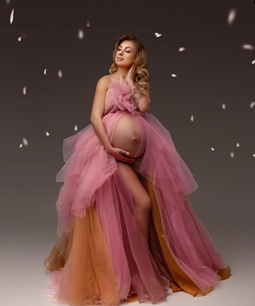 G2002, Peach and Mustard Twin Color Slit Cut Maternity Shoot Gown With Inner, Size: All, Color: All