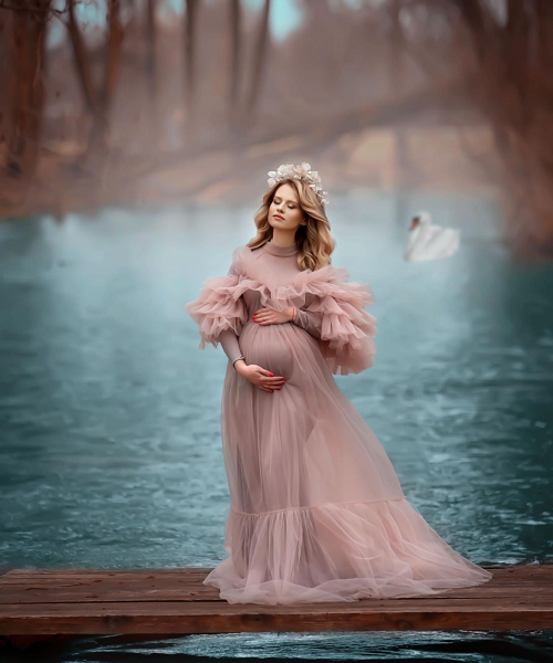 G2025, Peach Frilled Maternity  Shoot Trail Gown, Size: All, Color: All