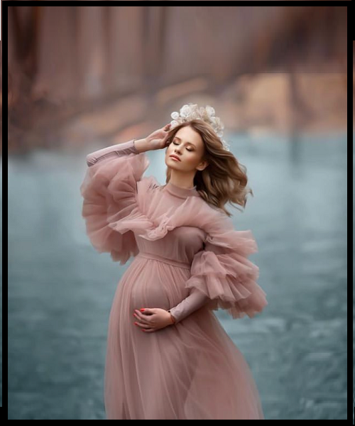 G2025, Peach Frilled Maternity  Shoot Trail Gown, Size: All, Color: All