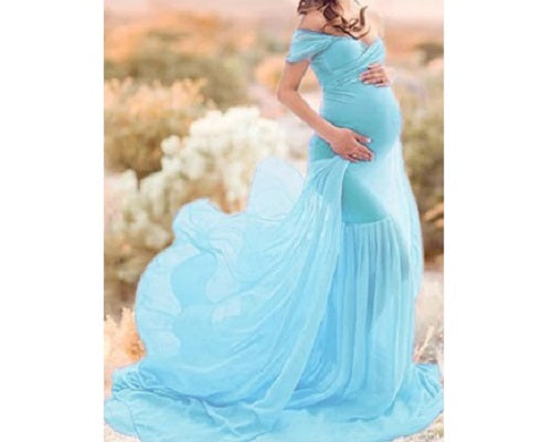 G243,Light Blue Maternity Shoot Baby Shower Trail Lycra Body Fit Gown, Size: All,Color: All