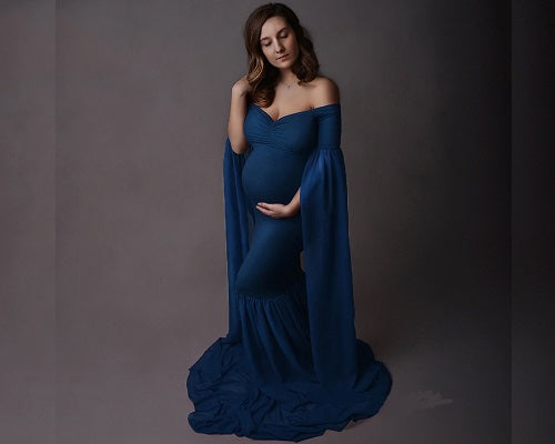 G207, Navy Blue Maternity Shoot Baby Shower Trail Lycra Body Fit Gown, Size: All, Color: All