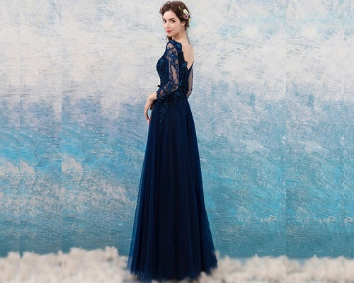 G225, Navy Blue Full Sleeves Gown, Size (XS-30 to L-38)