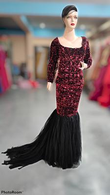 G421, Black & Wine Top Sequence with Bottom Lace Cutout Prewedding Trail Gown, Size: All, Color: All
