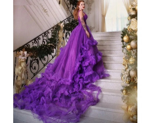 G240, Luxury Purple Ruffle Long Trail Ball Gown Size: All, Color: All