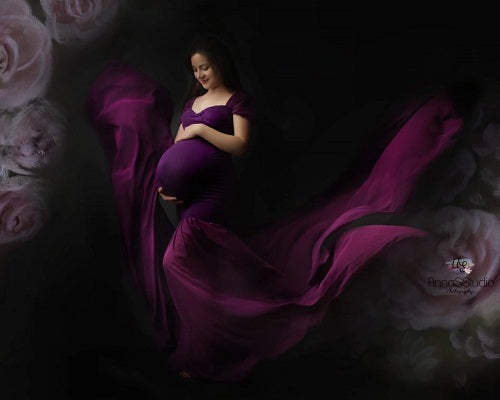 G218,Purple Maternity Shoot Trail Baby Shower Lycra Body Fit Gown, Size: All, Color: All