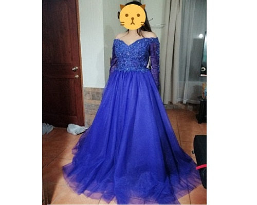 G235, Royal Blue Semi off Shoulder Ball Gown, Size (XS-30 to XXL-40)