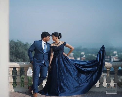 G132, Navy Blue Satin Off Shoulder Trail Ball gown Size: All, Color: All
